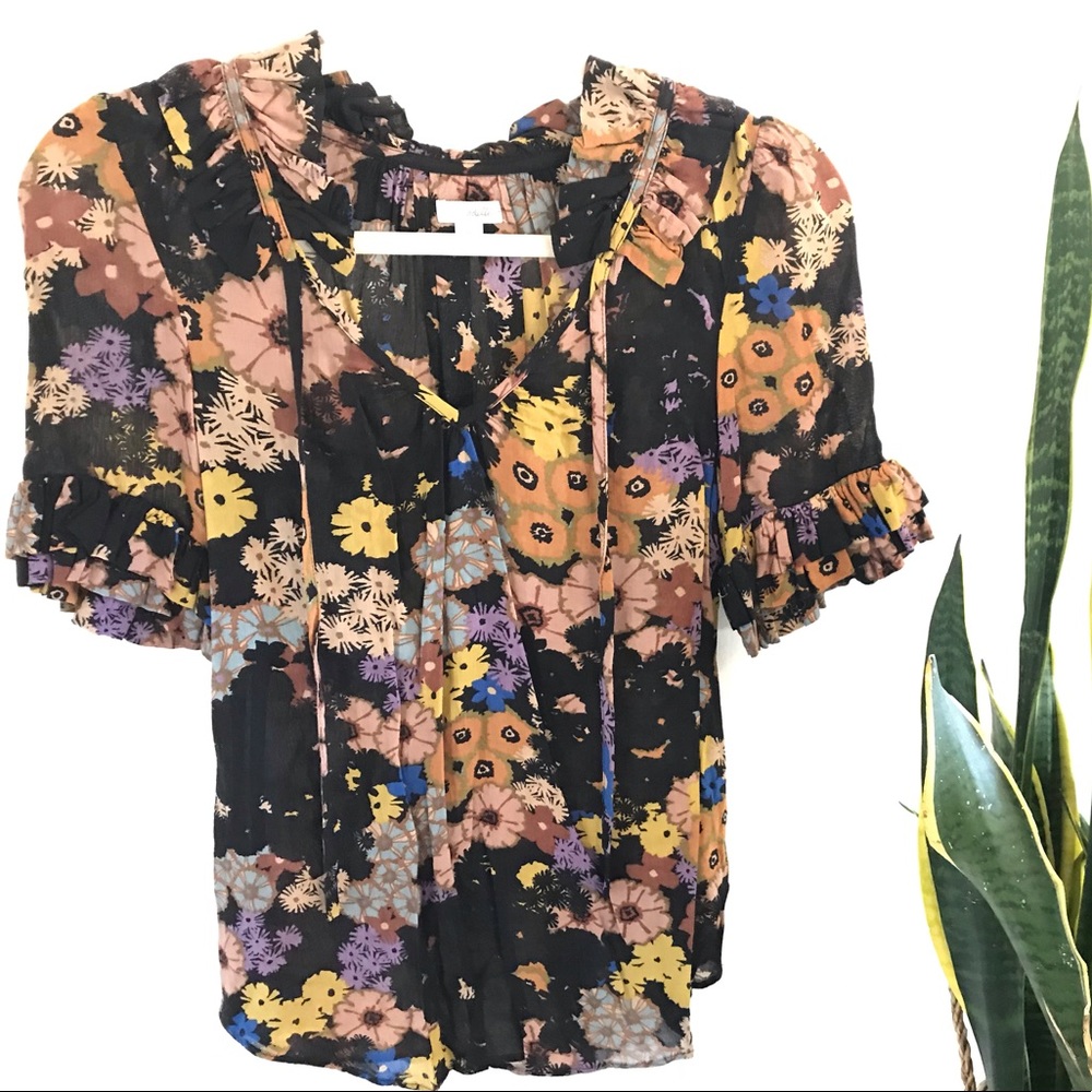 Anthropologie Colorful Floral Blouse with Ruffles